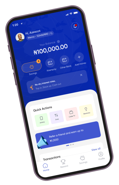 XtremPay home screen showing savings balance and quick actions