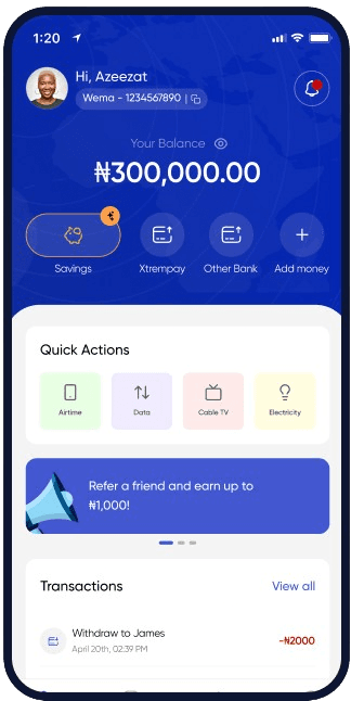 XtremPay banking app home screen showing balance, quick actions, and transactions