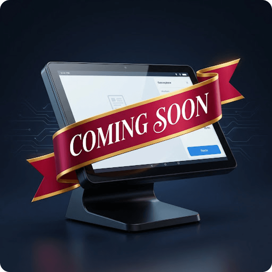 TraderSave POS terminal wrapped in a Coming Soon ribbon