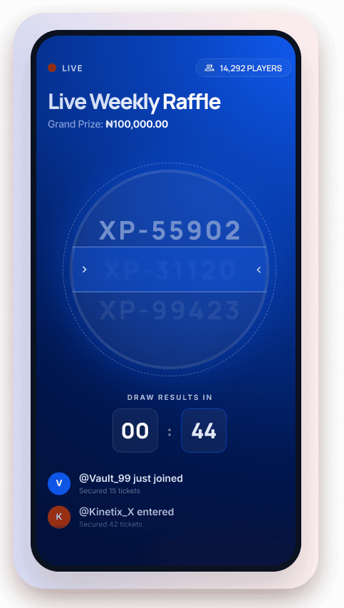XtremPay live weekly raffle screen showing ticket draw countdown and player activity