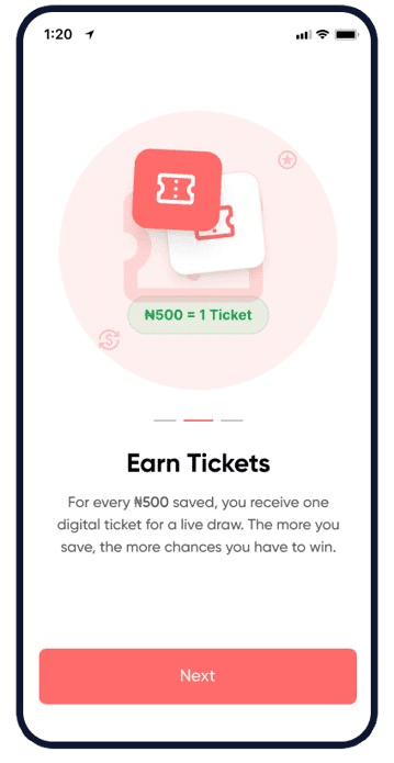 XtremPay raffle savings screen showing earn tickets flow