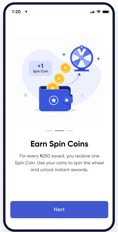 XtremPay spin savings screen showing earn spin coins flow